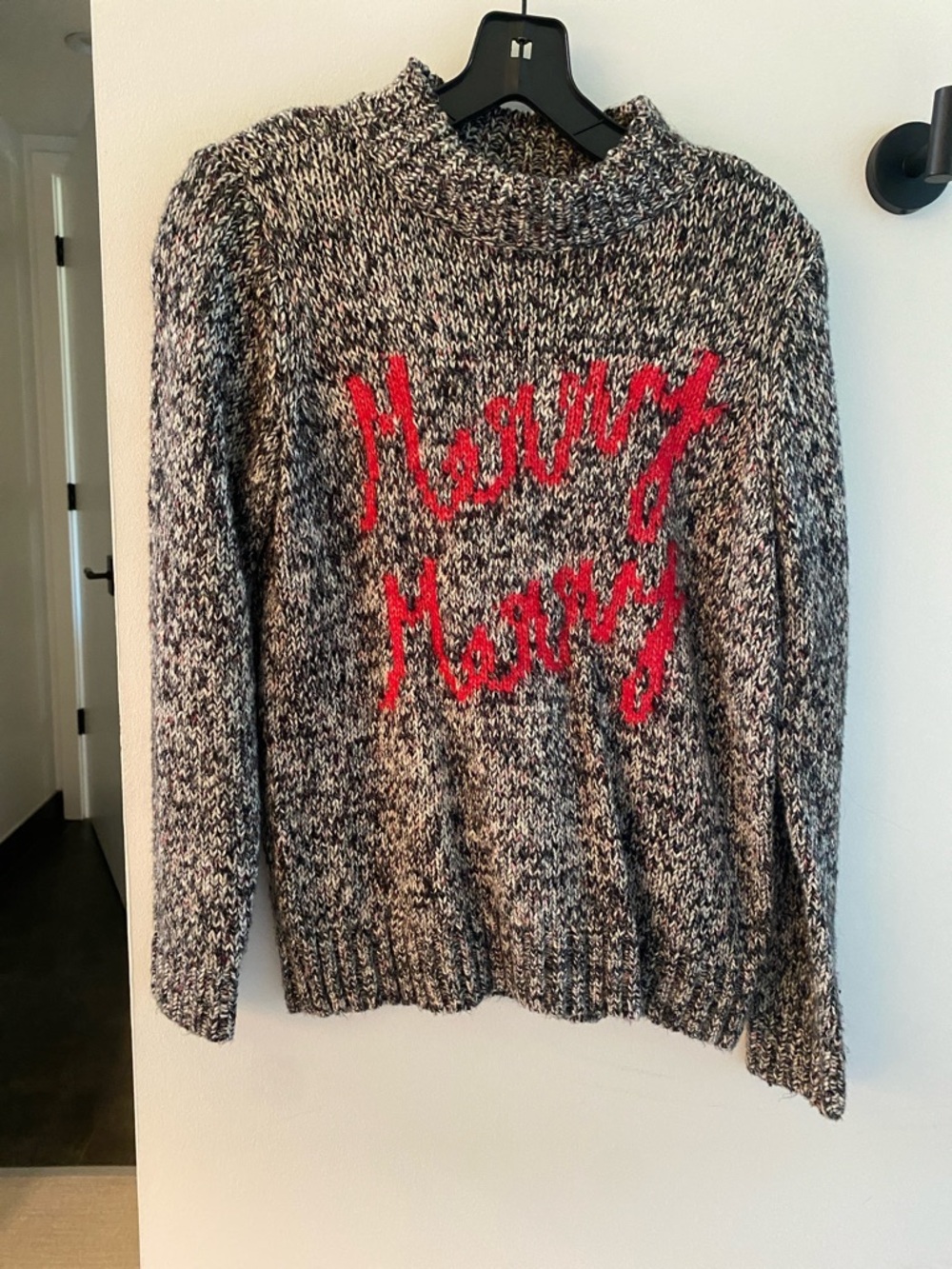 LOFT Black-and-White Marled Crewneck Sweater with Red Script